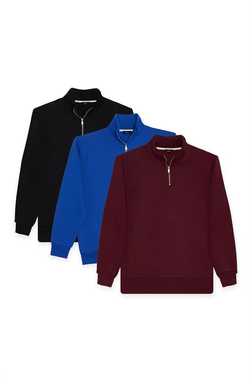 Unisex 3lü Paket Siyah-Saks Mavi-Bordo Relax Fit Pamuklu Yarım Fermuarlı Dik Yaka Sweatshirt
