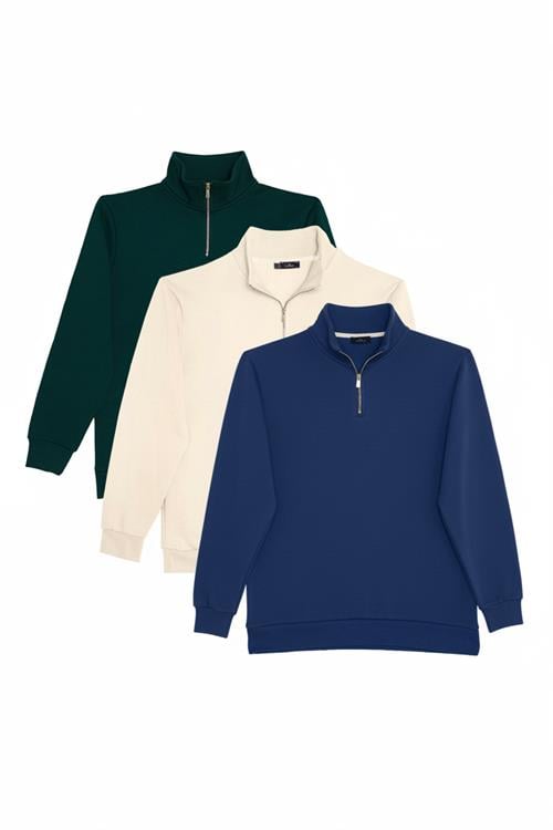 Unisex 3lü Paket Yeşil-Ekru-Lacivert Relax Fit Pamuklu Yarım Fermuarlı Dik Yaka Sweatshirt