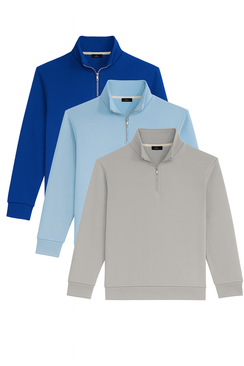 Unisex 3lü Paket Taş-Mavi-Saks Mavi Relax Fit Pamuklu Yarım Fermuarlı Dik Yaka Sweatshirt