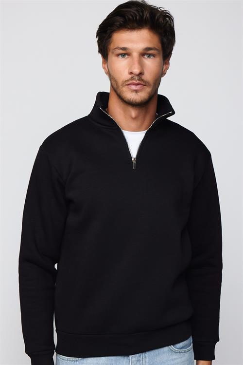 Unisex 3lü Paket Siyah-Bordo-Ekru Relax Fit Pamuklu Yarım Fermuarlı Dik Yaka Sweatshirt