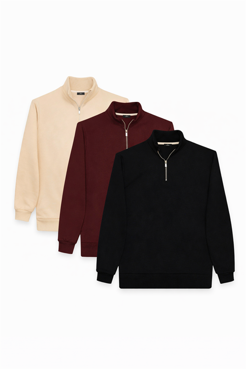Unisex 3lü Paket Siyah-Bordo-Ekru Relax Fit Pamuklu Yarım Fermuarlı Dik Yaka Sweatshirt