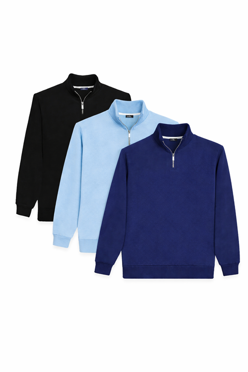 Unisex 3lü Paket Siyah-Mavi-Lacivert Relax Fit Pamuklu Yarım Fermuarlı Dik Yaka Sweatshirt