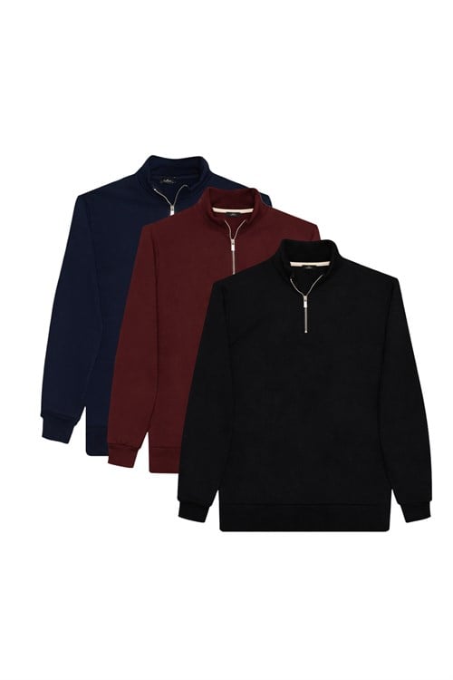 Unisex 3lü Paket Siyah-Bordo-Lacivert Relax Fit Pamuklu Yarım Fermuarlı Dik Yaka Sweatshirt