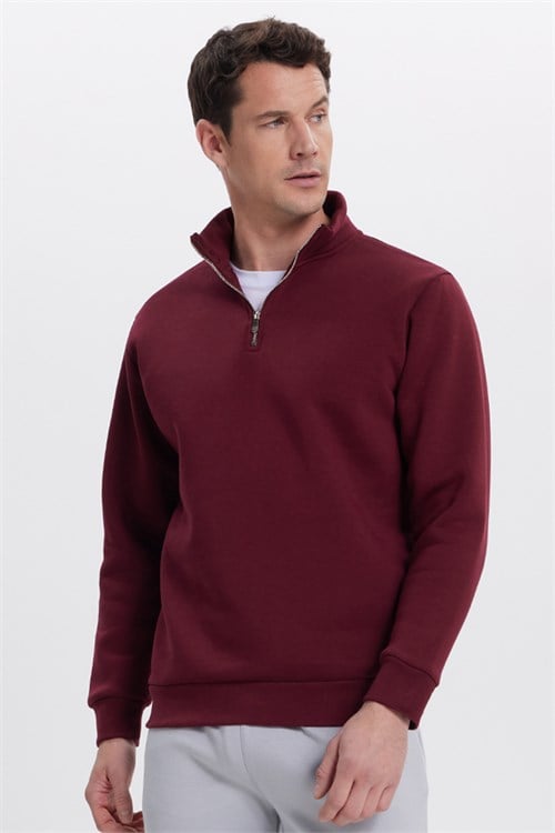 Unisex 3lü Paket Siyah-Bordo-Lacivert Relax Fit Pamuklu Yarım Fermuarlı Dik Yaka Sweatshirt