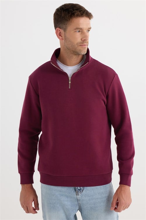 Unisex 3lü Paket Beyaz-Bordo-Gri Relax Fit Pamuklu Yarım Fermuarlı Dik Yaka Sweatshirt