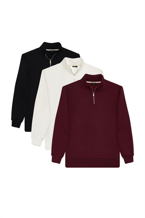 Unisex 3lü Paket Siyah-Beyaz-Bordo Relax Fit Pamuklu Yarım Fermuarlı Dik Yaka Sweatshirt