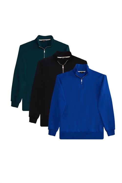 Unisex 3lü Paket Siyah-Sax Mavi-Yeşil Relax Fit Pamuklu Yarım Fermuarlı Dik Yaka Sweatshirt