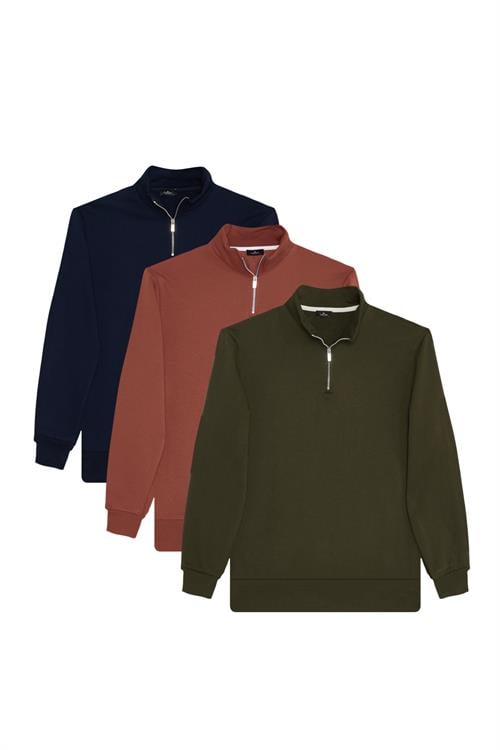 Unisex 3lü Paket Lacivert-Kahverengi-Yeşil Relax Fit Pamuklu Yarım Fermuarlı Dik Yaka Sweatshirt