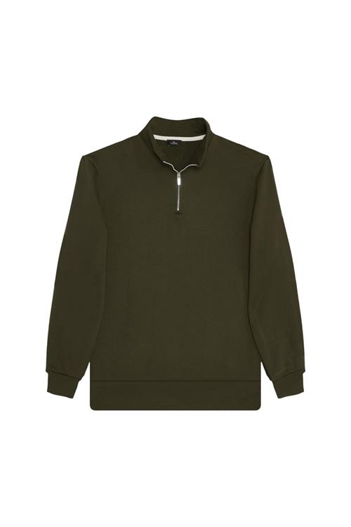 Unisex 3lü Paket Lacivert-Kahverengi-Yeşil Relax Fit Pamuklu Yarım Fermuarlı Dik Yaka Sweatshirt