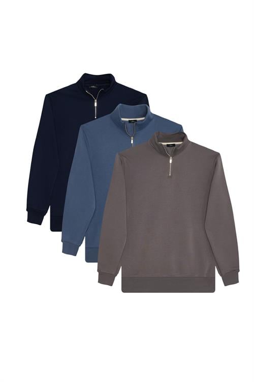 Unisex 3lü Paket Lacivert-İndigo-Gri Relax Fit Pamuklu Yarım Fermuarlı Dik Yaka Sweatshirt