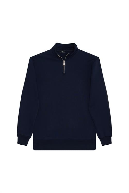 Unisex 3lü Paket Lacivert-İndigo-Gri Relax Fit Pamuklu Yarım Fermuarlı Dik Yaka Sweatshirt