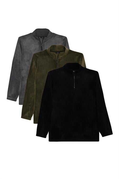 Unisex 3lü Paket Siyah-Gri-Haki Standart Fit Tüylenme Yapmayan Soğuk Geçirmez Polar Sweatshirt