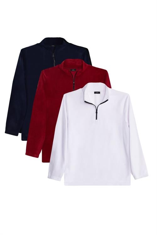 Unisex 3lü Paket Lacivert-Bordo-Ekru Standart Fit Soğuğa Karşı Dayanıklı Polar Sweatshirt