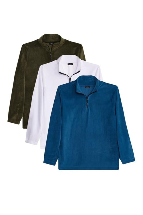 Unisex 3lü Paket Haki-Ekru-İndigo Standart Fit Tüylenme Yapmayan Soğuk Geçirmez Polar Sweatshirt