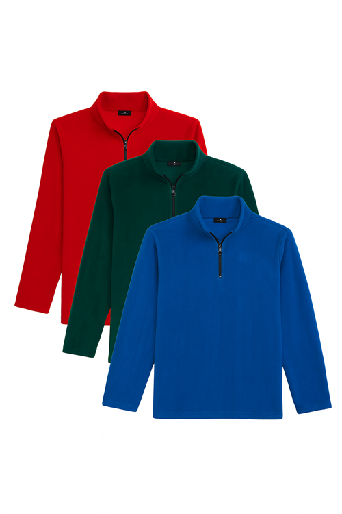Unisex 3lü Paket Mavi-Yeşil-Kırmızı Standart Fit Tüylenme Yapmayan Soğuk Geçirmez Polar Sweatshirt