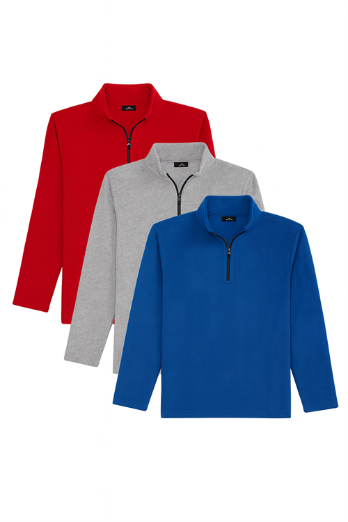 Unisex 3lü Paket Mavi-Gri-Kırmızı Standart Fit Soğuğa Karşı Dayanıklı Polar Sweatshirt