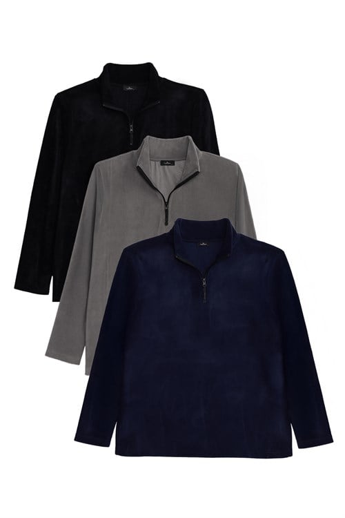 Unisex 3lü Paket Siyah-Lacivert-Gri Standart Fit Soğuğa Karşı Dayanıklı Polar Sweatshirt