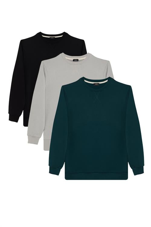 Unisex 3lü Paket Siyah-Yeşil-Taş Relax Fit %100 Pamuk 3 İplik Bisiklet Yaka Sweatshirt