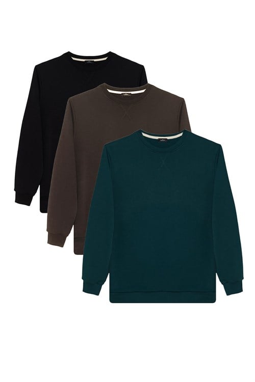 Unisex 3lü Paket Kahverengi-Siyah-Yeşil Relax Fit %100 Pamuk 3 İplik Bisiklet Yaka Sweatshirt