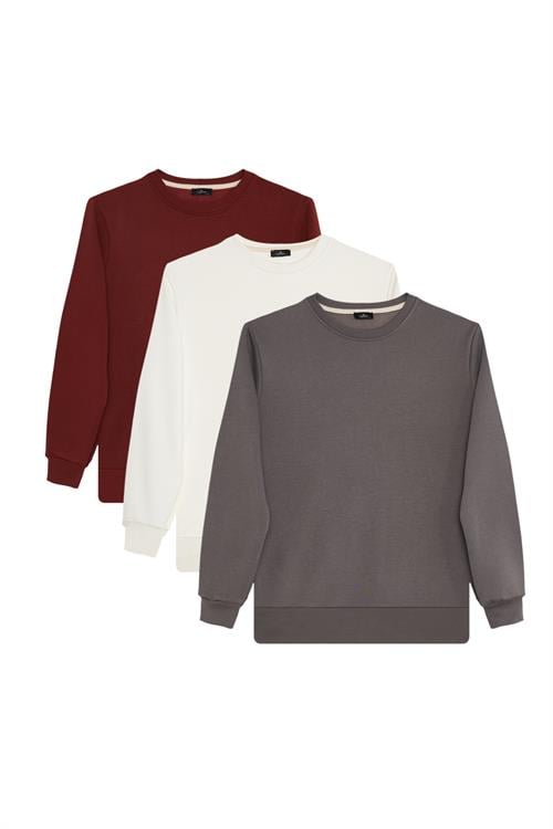 Unisex 3lü Paket Beyaz-Kiremit-Gri Relax Fit Pamuklu 3 İplik İçi Polarlı Bisiklet Yaka Sweatshirt