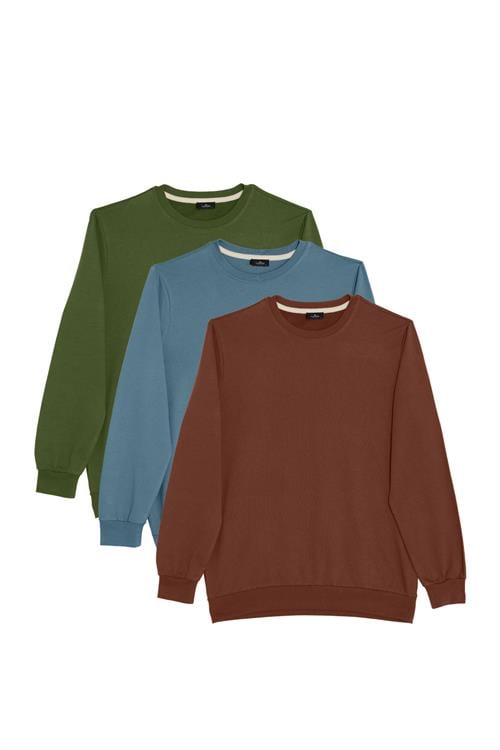 Unisex 3lü Paket Yeşil-Gri-Kahverengi Relax Fit Pamuklu 3 İplik İçi Polarlı Bisiklet Yaka Sweatshirt
