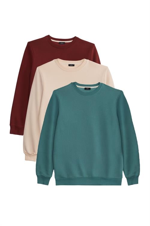 Unisex 3lü Paket Petrol-Kahverengi-Bej Relax Fit Pamuklu 3 İplik İçi Polarlı Bisiklet Yaka Sweatshirt