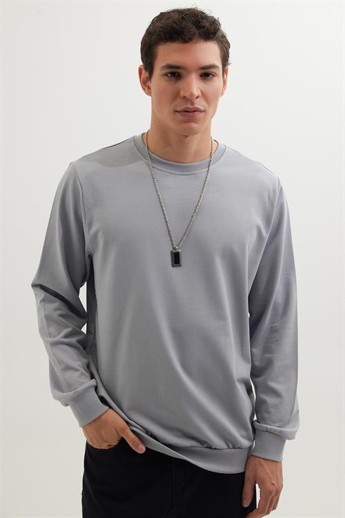 Erkek 3lü Lacivert-Gri-Kahverengi Relax Fit Rahat Kesim %100 Pamuk 2 İplik Bisiklet Yaka Sweatshirt