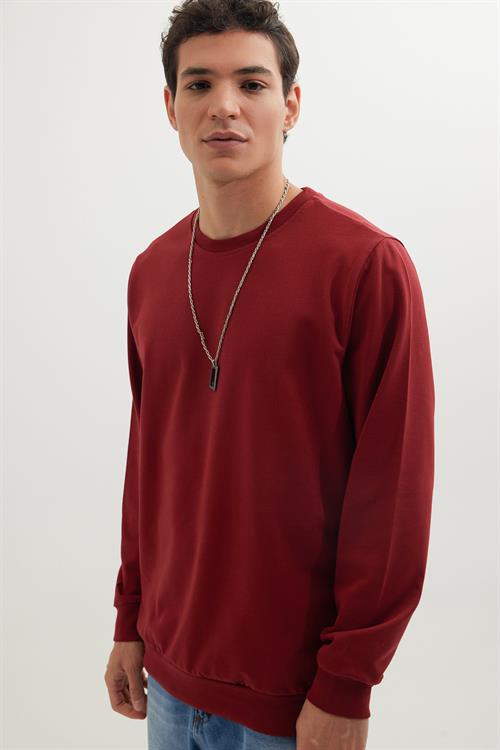 Erkek 3lü Haki-Beyaz-Bordo Relax Fit Rahat Kesim %100 Pamuk 2 İplik Bisiklet Yaka Sweatshirt