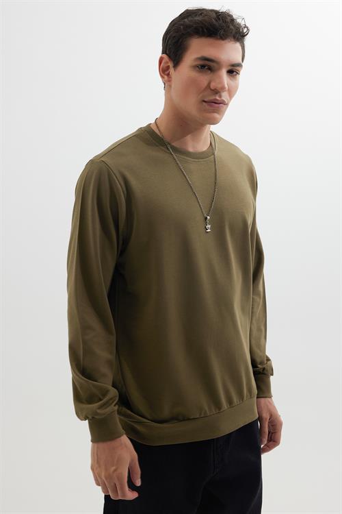 Erkek 3lü Haki-Beyaz-Bordo Relax Fit Rahat Kesim %100 Pamuk 2 İplik Bisiklet Yaka Sweatshirt