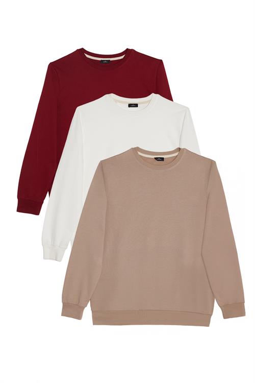 Erkek 3lü Taş-Beyaz-Bordo Relax Fit Rahat Kesim %100 Pamuk 2 İplik Bisiklet Yaka Sweatshirt
