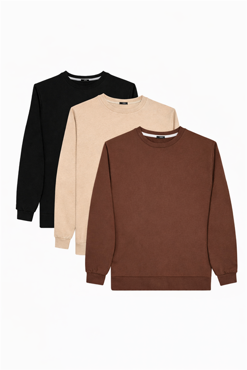 Erkek 3lü Kahverengi-Taş-Siyah Relax Fit Rahat Kesim %100 Pamuk 2 İplik Bisiklet Yaka Sweatshirt