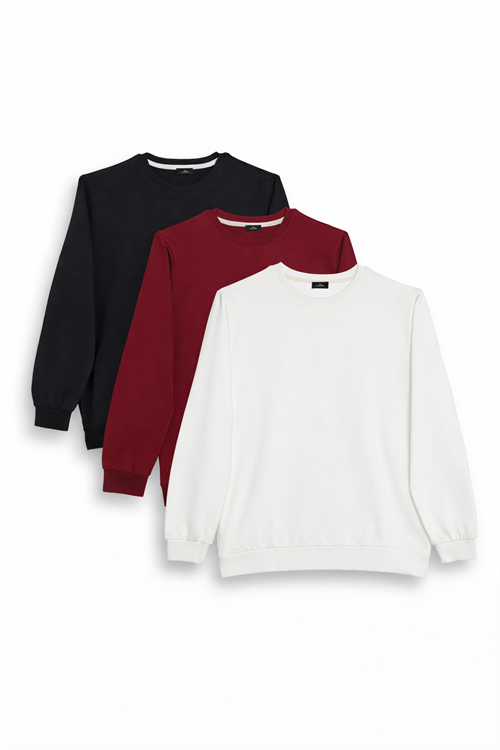 Erkek 3lü Siyah-Bordo-Beyaz Relax Fit Rahat Kesim %100 Pamuk 2 İplik Bisiklet Yaka Sweatshirt