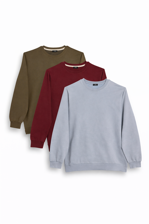 Erkek 3lü Haki-Bordo-Gri Relax Fit Rahat Kesim %100 Pamuk 2 İplik Bisiklet Yaka Sweatshirt