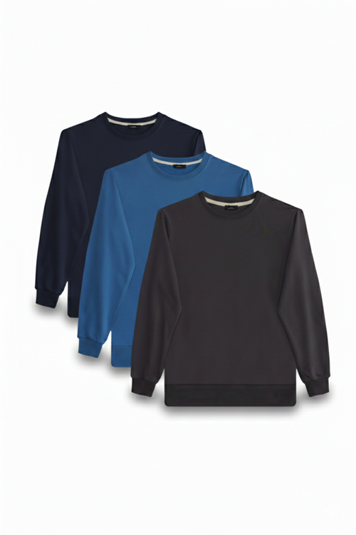 Erkek 3lü Füme-Mavi-Lacivert Relax Fit Rahat Kesim %100 Pamuk 2 İplik Bisiklet Yaka Sweatshirt
