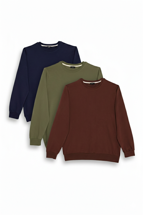 Erkek 3lü Kahve-Yeşil-Lacivert Relax Fit Rahat Kesim %100 Pamuk 2 İplik Bisiklet Yaka Sweatshirt