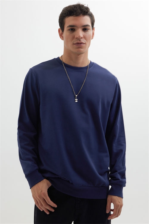 Erkek 3lü Kahve-Yeşil-Lacivert Relax Fit Rahat Kesim %100 Pamuk 2 İplik Bisiklet Yaka Sweatshirt