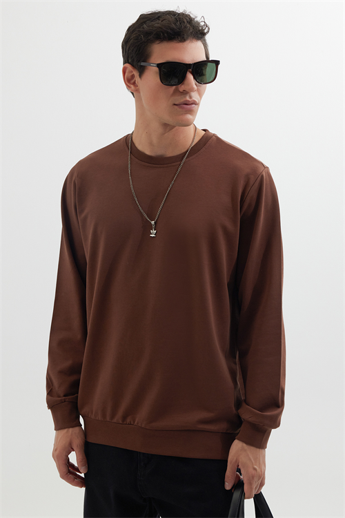 Erkek 3lü Kahve-Yeşil-Lacivert Relax Fit Rahat Kesim %100 Pamuk 2 İplik Bisiklet Yaka Sweatshirt