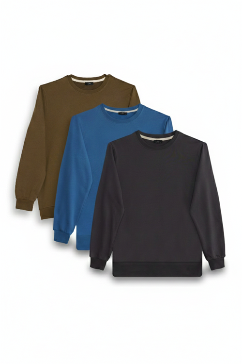 Erkek 3lü Füme-Mavi-Yeşil Relax Fit Rahat Kesim %100 Pamuk 2 İplik Bisiklet Yaka Sweatshirt
