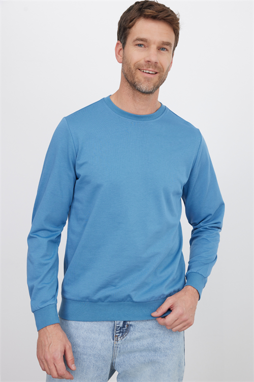 Erkek 3lü Füme-Mavi-Yeşil Relax Fit Rahat Kesim %100 Pamuk 2 İplik Bisiklet Yaka Sweatshirt