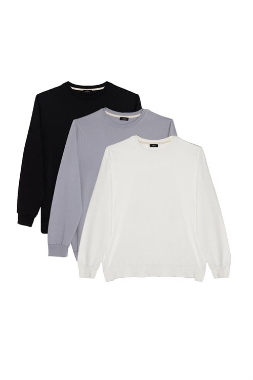 Erkek 3lü Siyah-Beyaz-Açık Gri Relax Fit Rahat Kesim %100 Pamuk 2 İplik Bisiklet Yaka Sweatshirt