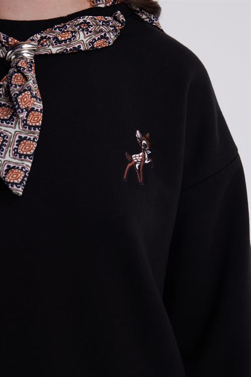Kadın Oversize Geniş Kesim Pamuklu Fular Detaylı Bisiklet Yaka Siyah Sweatshirt
