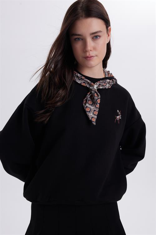 Kadın Oversize Geniş Kesim Pamuklu Fular Detaylı Bisiklet Yaka Siyah Sweatshirt