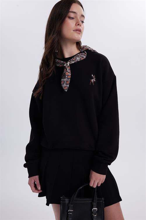 Kadın Oversize Geniş Kesim Pamuklu Fular Detaylı Bisiklet Yaka Siyah Sweatshirt
