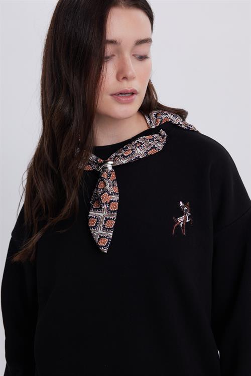 Kadın Oversize Geniş Kesim Pamuklu Fular Detaylı Bisiklet Yaka Siyah Sweatshirt