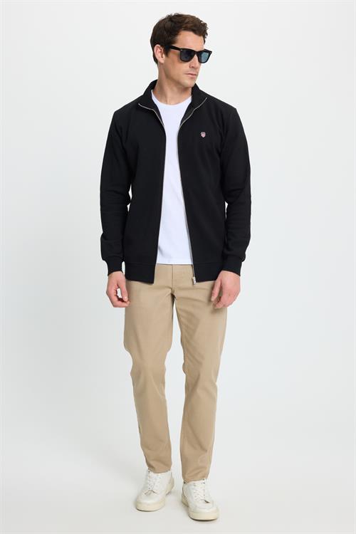 Erkek Slim Fit Dar Kesim Pamuklu Tam Fermuarlı Çift Cepli Dik Yaka Siyah Sweatshirt Hırka