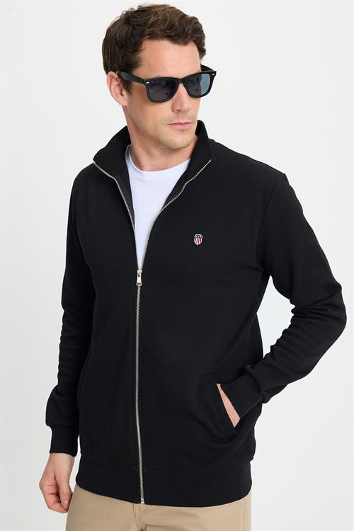 Erkek Slim Fit Dar Kesim Pamuklu Tam Fermuarlı Çift Cepli Dik Yaka Siyah Sweatshirt Hırka