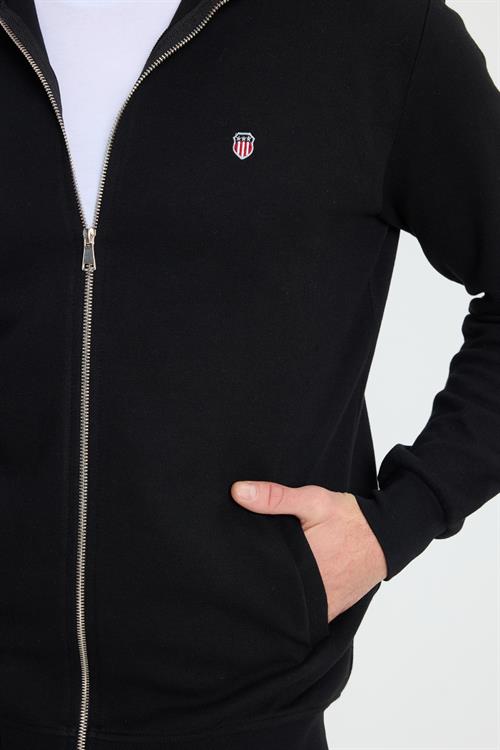 Erkek Slim Fit Dar Kesim Pamuklu Tam Fermuarlı Çift Cepli Dik Yaka Siyah Sweatshirt Hırka