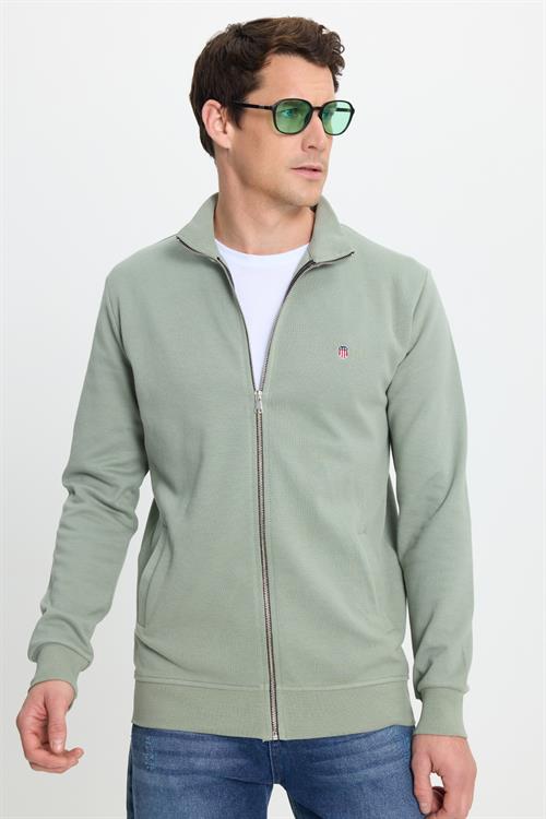 Erkek Slim Fit Dar Kesim Pamuklu Tam Fermuarlı Çift Cepli Dik Yaka Yeşil Sweatshirt Hırka