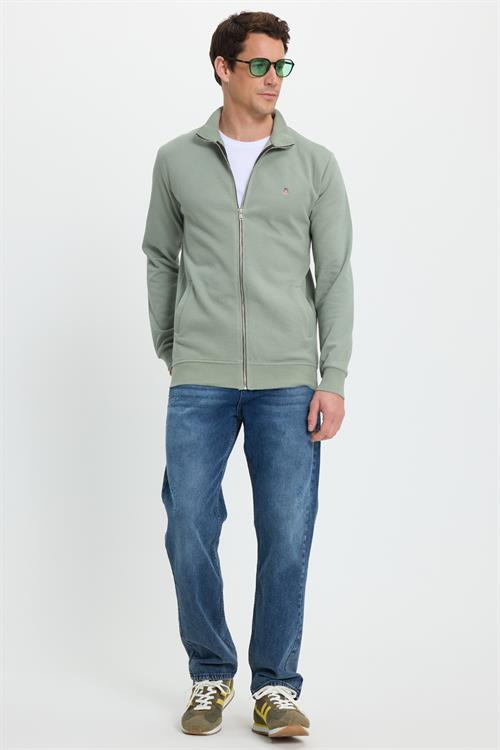 Erkek Slim Fit Dar Kesim Pamuklu Tam Fermuarlı Çift Cepli Dik Yaka Yeşil Sweatshirt Hırka