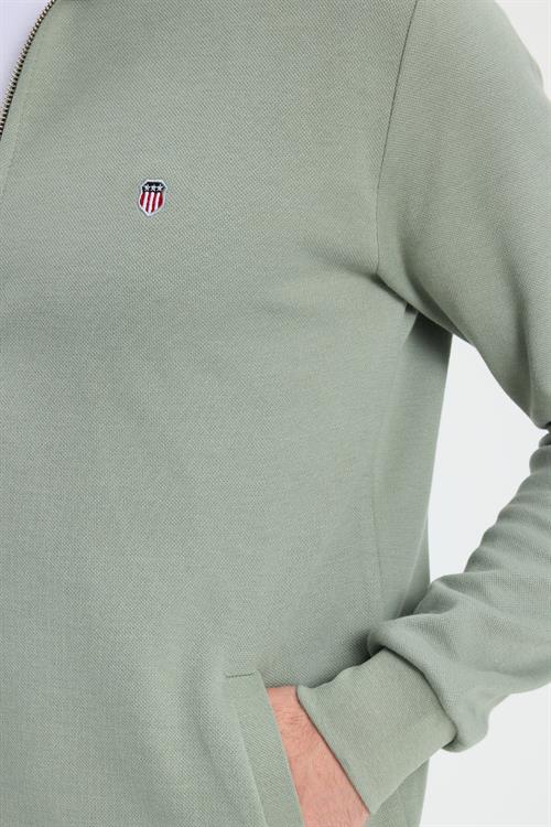 Erkek Slim Fit Dar Kesim Pamuklu Tam Fermuarlı Çift Cepli Dik Yaka Yeşil Sweatshirt Hırka